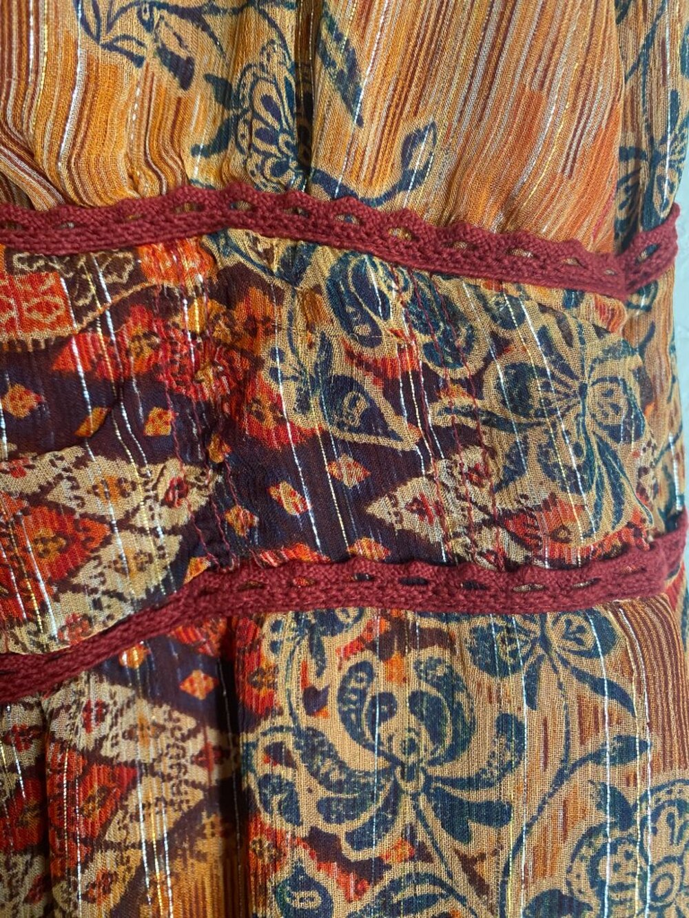 100% Silk Bohemian Paisley Lace-Trim Midi Gypsy Ethereal Dress Robbie Bee - Picture 6 of 11